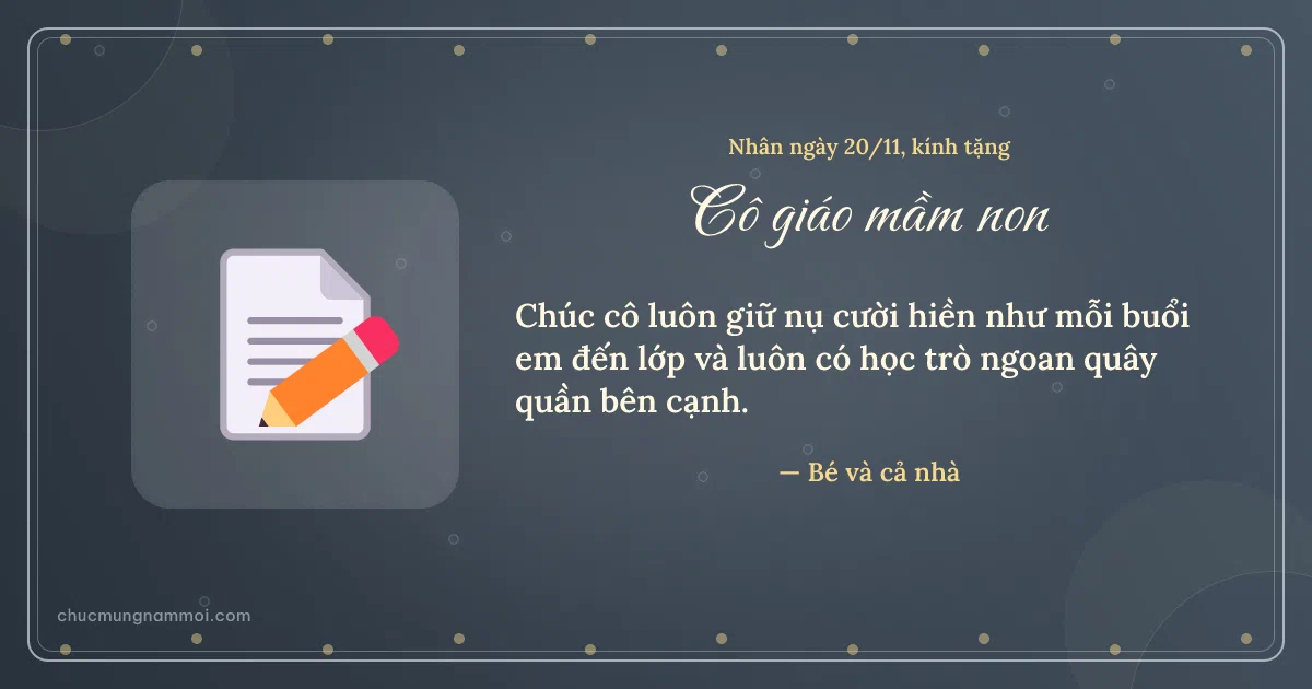 Thiệp ngày 20/11 cho cô giáo mầm non: Giấy ghi chú trên nền xanh đá. Chúc cô luôn giữ nụ cười hiền như mỗi buổi em đến lớp… (Bản ngang)