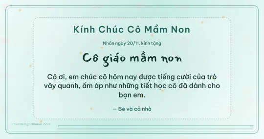 Thiệp ngày 20/11: Xanh ngọc nước dịu dàng tặng cô giáo mầm non