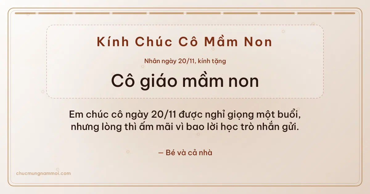 Thiệp ngày 20/11 cho cô giáo mầm non: Giấy dó rạng rỡ, kiểu 11. Em chúc cô ngày 20/11 được nghỉ giọng một buổi… (Bản ngang)