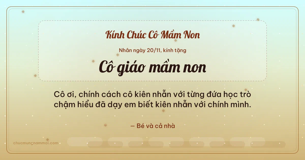 Thiệp ngày 20/11 cho cô giáo mầm non: Mai vàng rạng rỡ, kiểu 23. Cô ơi, chính cách cô kiên nhẫn với từng đứa học trò chậm… (Bản ngang)