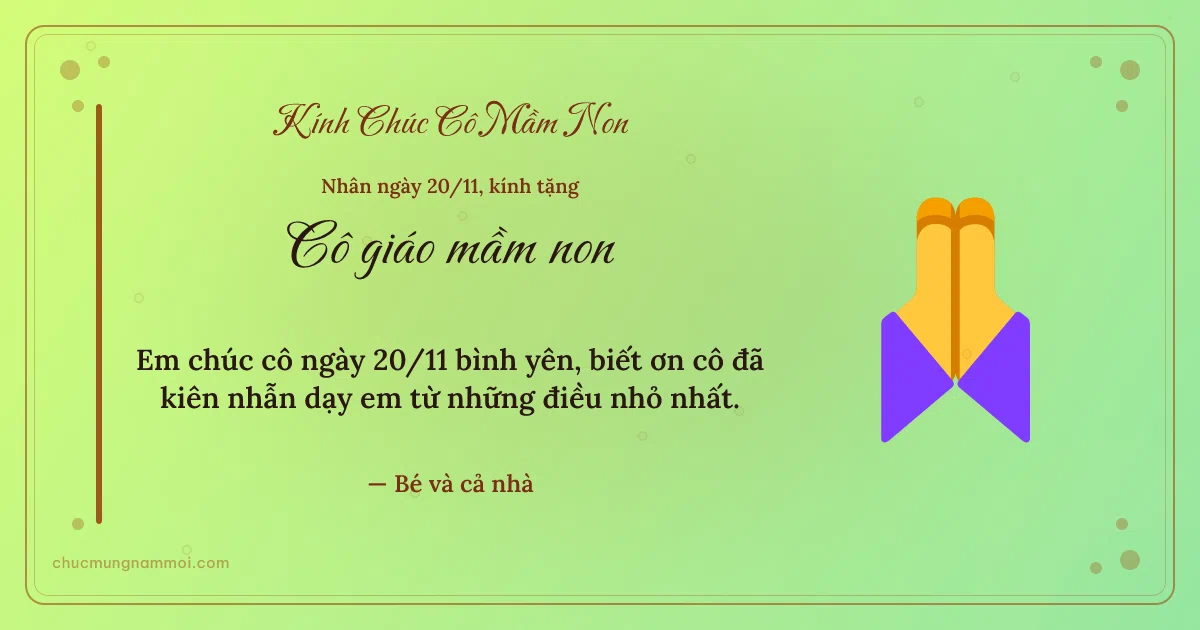 Thiệp ngày 20/11 cho cô giáo mầm non: Đôi tay cảm ơn trên nền xanh lúa non. Em chúc cô ngày 20/11 bình yên… (Bản ngang)