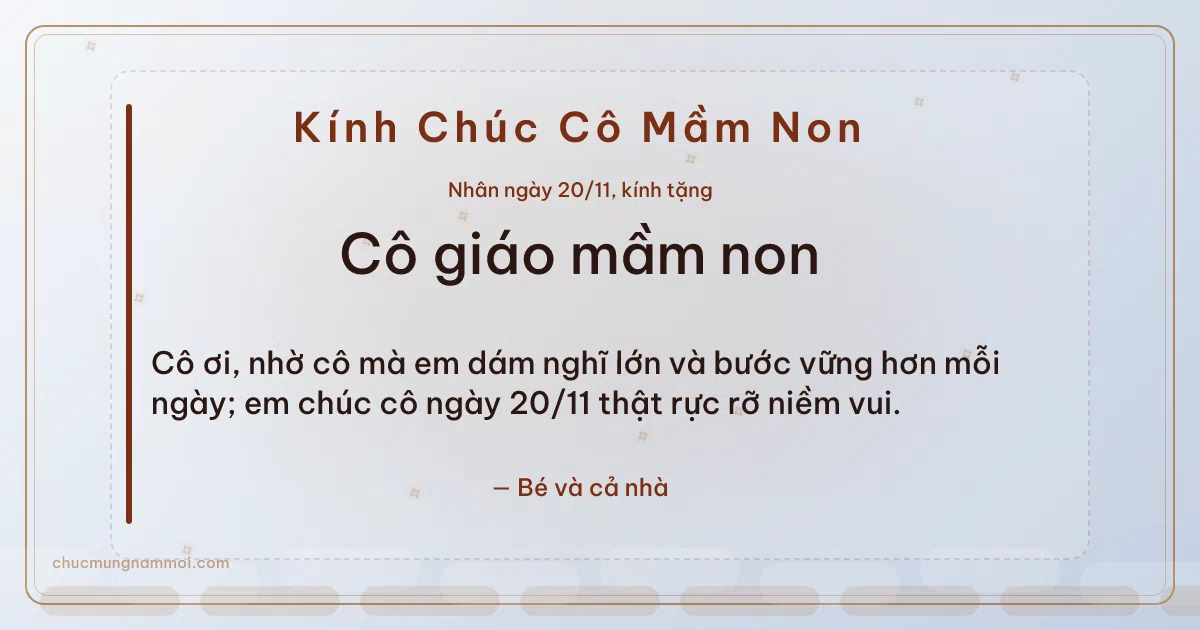 Thiệp ngày 20/11 cho cô giáo mầm non: Sao băng trên nền sương bạc. Cô ơi, nhờ cô mà em dám nghĩ lớn và bước vững hơn mỗi ngày… (Bản ngang)