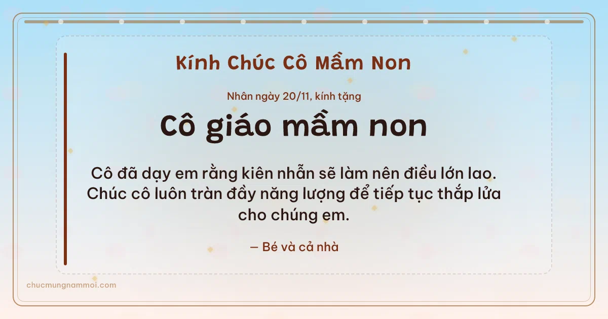 Thiệp cho cô giáo mầm non: Kim tuyến vàng và chuỗi chấm ngày 20/11. Cô đã dạy em rằng kiên nhẫn sẽ làm nên điều lớn lao… (Bản ngang)
