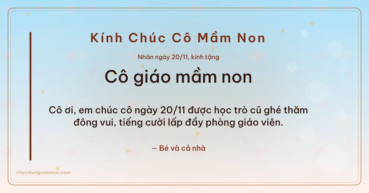 Thiệp ngày 20/11: Kim tuyến vàng tươi mới tặng cô giáo mầm non. Cô ơi, em chúc cô ngày 20/11 được học trò cũ ghé thăm đông… (Bản ngang)