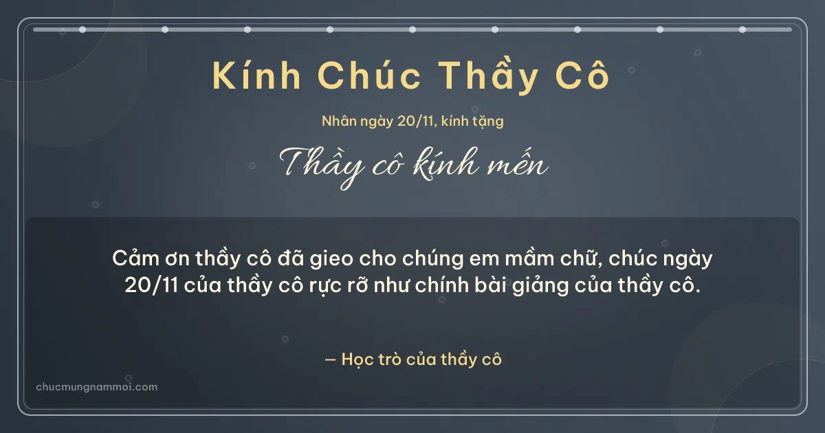 Thiệp ngày 20/11 cho thầy cô: Bong bóng và chuỗi chấm trên nền xanh đá. Cảm ơn thầy cô đã gieo cho chúng em mầm chữ… (Bản ngang)