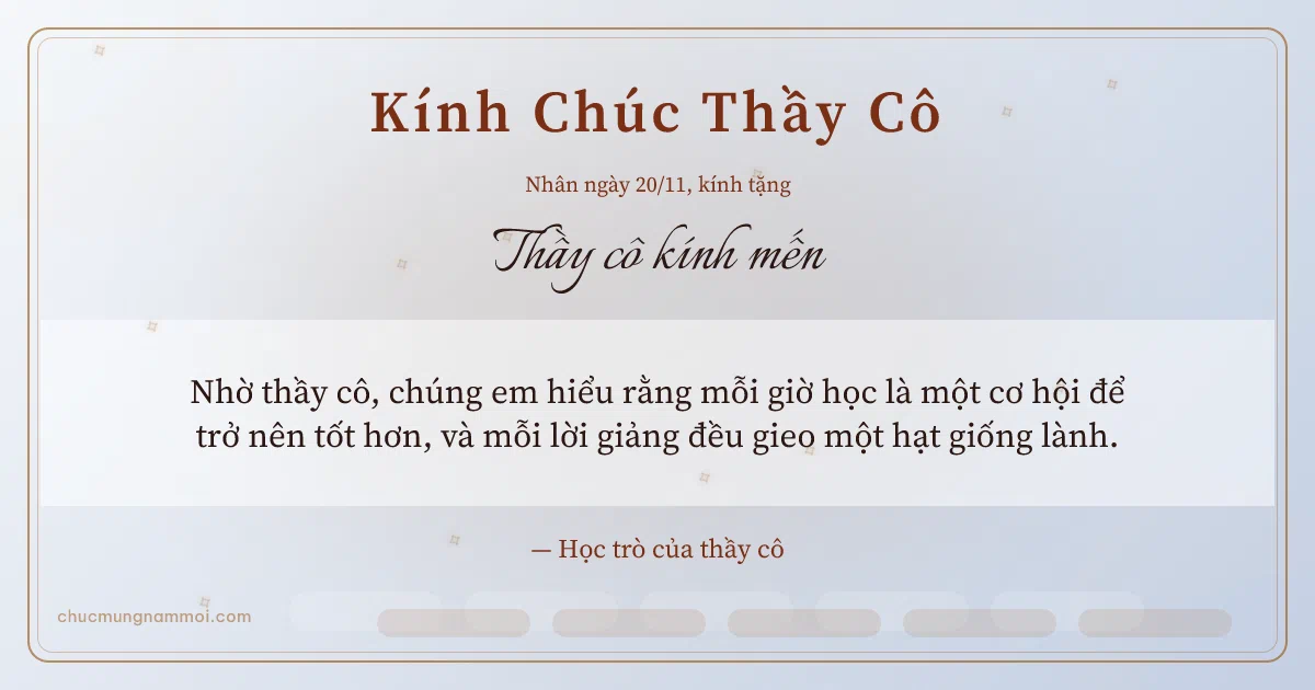 Thiệp ngày 20/11 cho thầy cô: Sao băng và sóng nước trên nền sương bạc. Nhờ thầy cô, chúng em hiểu rằng mỗi giờ học là một cơ hội… (Bản ngang)