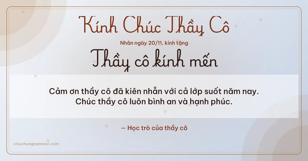 Thiệp ngày 20/11 cho thầy cô: Vòng đồng tâm trên nền sương bạc. Cảm ơn thầy cô đã kiên nhẫn với cả lớp suốt năm nay… (Bản ngang)