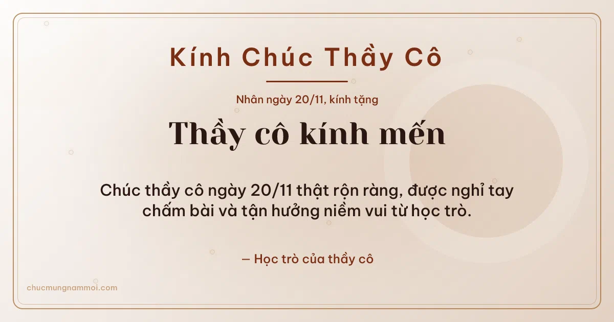 Thiệp ngày 20/11: Giấy dó trang nhã tặng thầy cô. Chúc thầy cô ngày 20/11 thật rộn ràng… (Bản ngang)