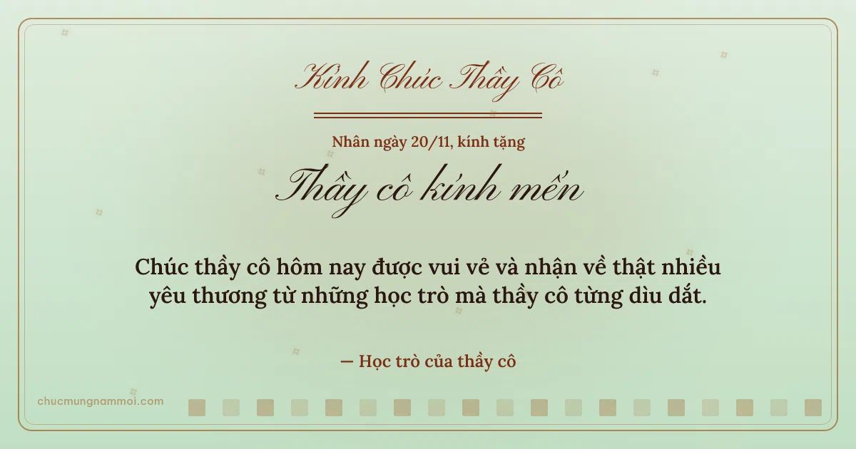 Thiệp ngày 20/11 cho thầy cô: Sao băng và ô vuông nhỏ trên nền xanh trà. Chúc thầy cô hôm nay được vui vẻ… (Bản ngang)