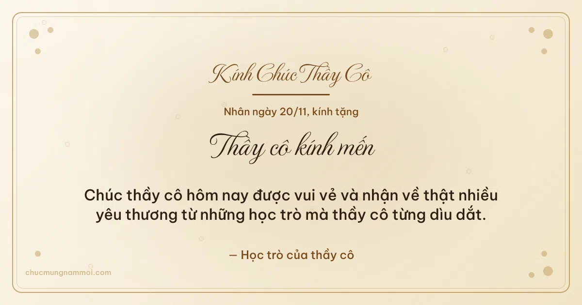 Thiệp ngày 20/11 cho thầy cô: Chấm nhỏ và bong bóng trên nền ngà kem. Chúc thầy cô hôm nay được vui vẻ… (Bản ngang)
