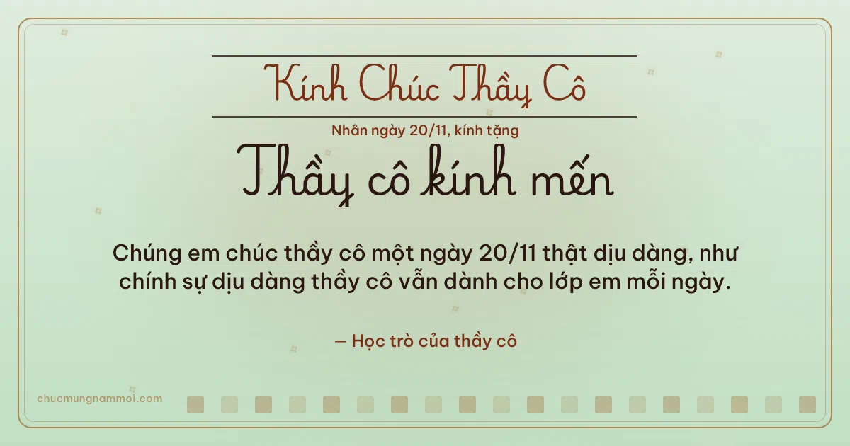 Thiệp ngày 20/11 cho thầy cô: Ô vuông nhỏ và sao băng trên nền xanh trà. Chúng em chúc thầy cô một ngày 20/11 thật dịu dàng… (Bản ngang)
