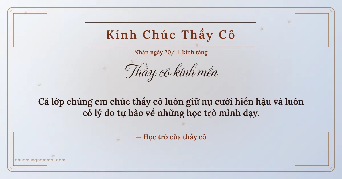 Thiệp sao băng ngày 20/11 tặng thầy cô. Cả lớp chúng em chúc thầy cô luôn giữ nụ cười hiền hậu… (Bản ngang)
