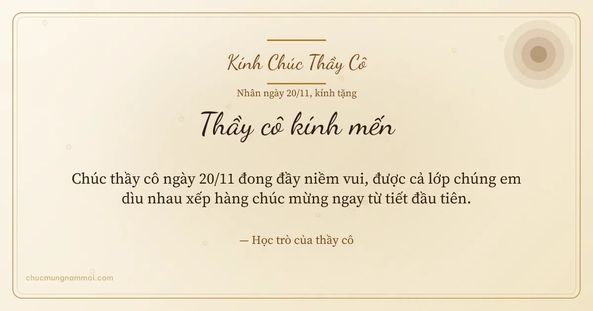 Thiệp ngày 20/11 cho thầy cô: Nắng mai trên nền ngà kem. Chúc thầy cô ngày 20/11 đong đầy niềm vui… (Bản ngang)