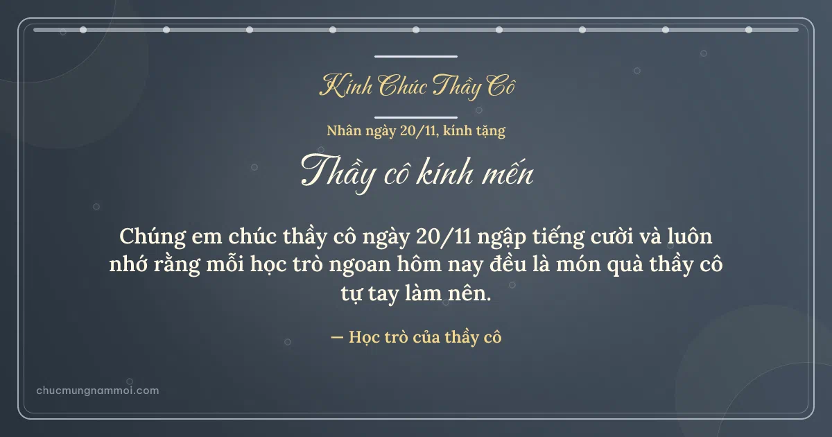 Thiệp ngày 20/11 cho thầy cô: Chuỗi chấm và bong bóng trên nền xanh đá. Chúng em chúc thầy cô ngày 20/11 ngập tiếng cười… (Bản ngang)