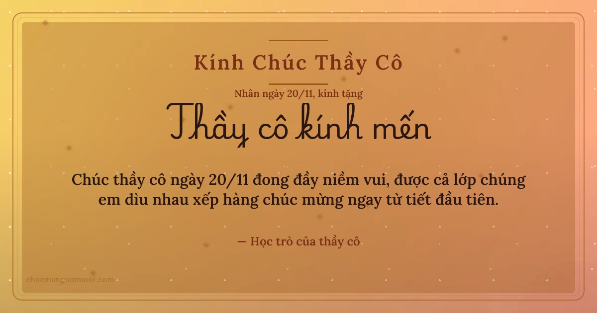 Thiệp ngày 20/11 cho thầy cô: Kim tuyến trang nhã trên nền nắng sớm. Chúc thầy cô ngày 20/11 đong đầy niềm vui… (Bản ngang)