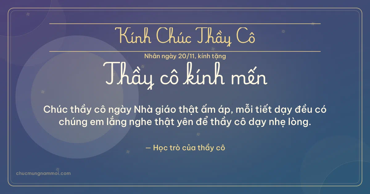 Thiệp ngày 20/11 cho thầy cô: Vòng tròn lớn và sao băng trên nền xanh tím. Chúc thầy cô ngày Nhà giáo thật ấm áp… (Bản ngang)