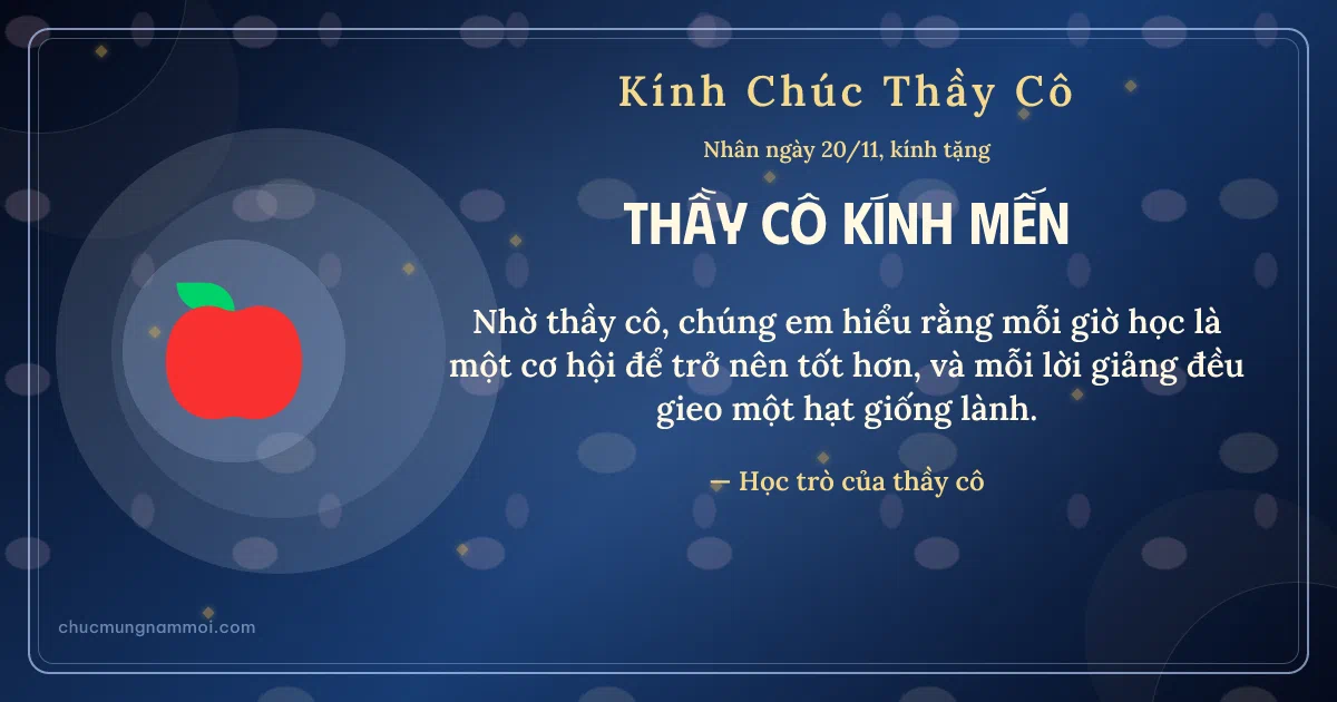 Thiệp ngày 20/11 cho thầy cô: Quả táo đỏ trên nền xanh biển sâu. Nhờ thầy cô, chúng em hiểu rằng mỗi giờ học là một cơ hội… (Bản ngang)