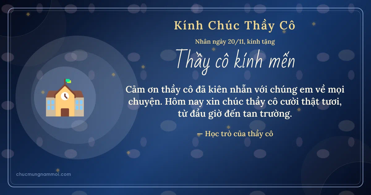 Thiệp ngày 20/11 cho thầy cô: Trường học trên nền xanh biển sâu. Cảm ơn thầy cô đã kiên nhẫn với chúng em về mọi chuyện… (Bản ngang)