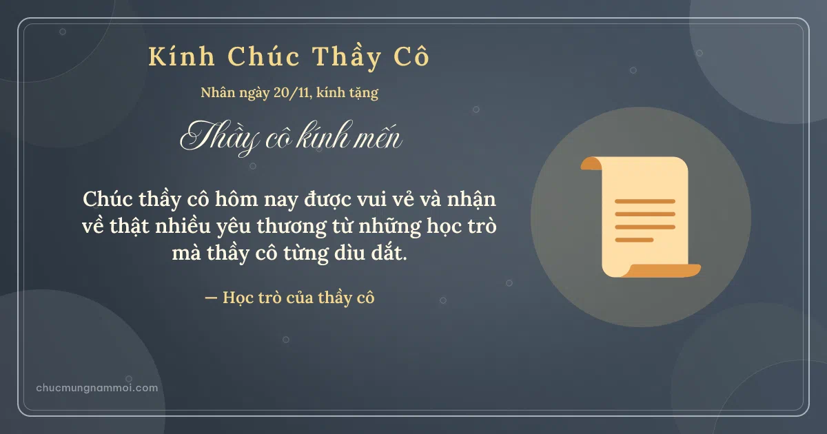 Thiệp ngày 20/11 cho thầy cô: Cuộn thư trên nền xanh đá. Chúc thầy cô hôm nay được vui vẻ… (Bản ngang)
