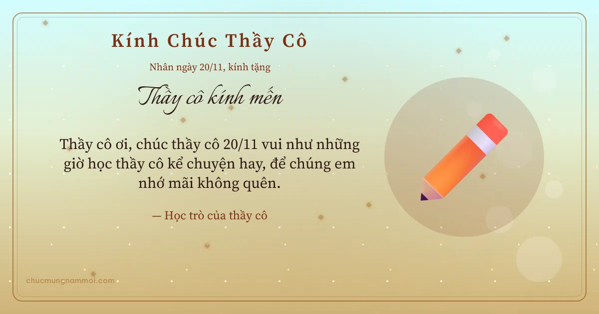 Thiệp ngày 20/11 cho thầy cô: Bút chì trên nền vàng nhạt. Thầy cô ơi, chúc thầy cô 20/11 vui… (Bản ngang)