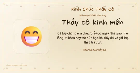 Thiệp ngày 20/11 cho thầy cô: Cười toe trên nền ngà kem