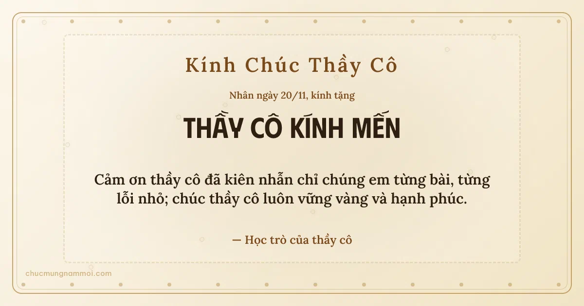 Thiệp ngày 20/11 cho thầy cô: Chấm tròn và bong bóng trên nền ngà kem. Cảm ơn thầy cô đã kiên nhẫn chỉ chúng em từng bài… (Bản ngang)