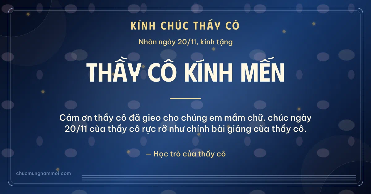 Thiệp ngày 20/11 cho thầy cô: Sọc mảnh và kim tuyến vàng trên nền xanh biển sâu. Cảm ơn thầy cô đã gieo cho chúng em mầm chữ… (Bản ngang)