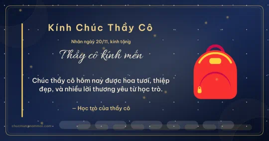 Thiệp ngày 20/11 cho thầy cô: Cặp sách trên nền xanh than ánh kim
