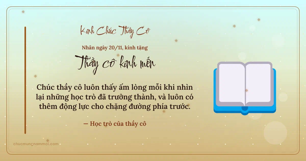 Thiệp ngày 20/11 cho thầy cô: Sách mở trên nền vàng nhạt. Chúc thầy cô luôn thấy ấm lòng… (Bản ngang)