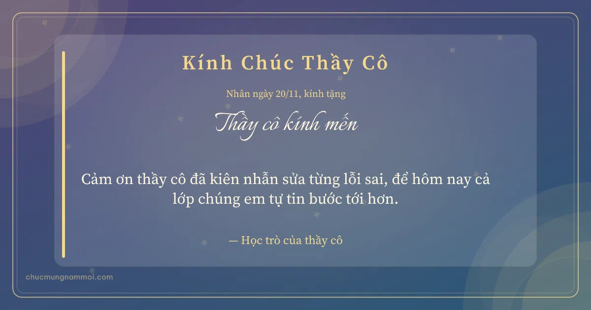 Thiệp ngày 20/11 cho thầy cô: Vòng đồng tâm và sao băng trên nền xanh tím. Cảm ơn thầy cô đã kiên nhẫn sửa từng lỗi sai… (Bản ngang)