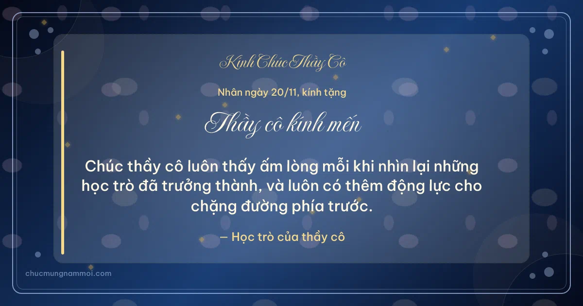 Thiệp cho thầy cô: Kim tuyến vàng và chấm nhỏ ngày 20/11. Chúc thầy cô luôn thấy ấm lòng… (Bản ngang)