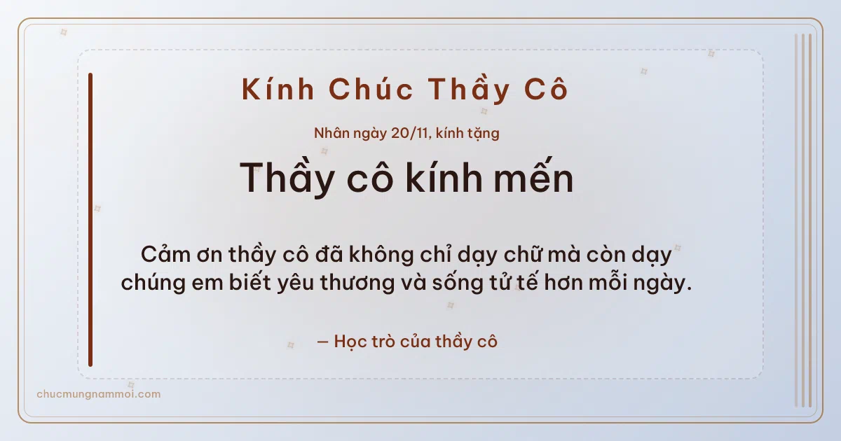 Thiệp ngày 20/11: Sương bạc sang trọng tặng thầy cô. Cảm ơn thầy cô đã không chỉ dạy chữ… (Bản ngang)