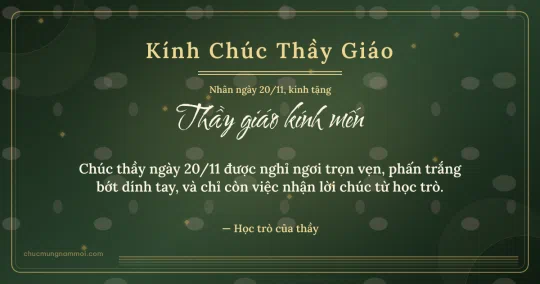 Thiệp ngày 20/11 cho thầy giáo: Kim tuyến vàng sang trọng trên nền xanh rêu đậm