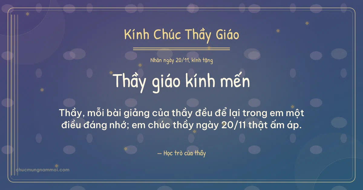 Thiệp ngày 20/11 cho thầy giáo: Kim tuyến vàng trên nền xanh tím. Thầy, mỗi bài giảng của thầy đều để lại… (Bản ngang)