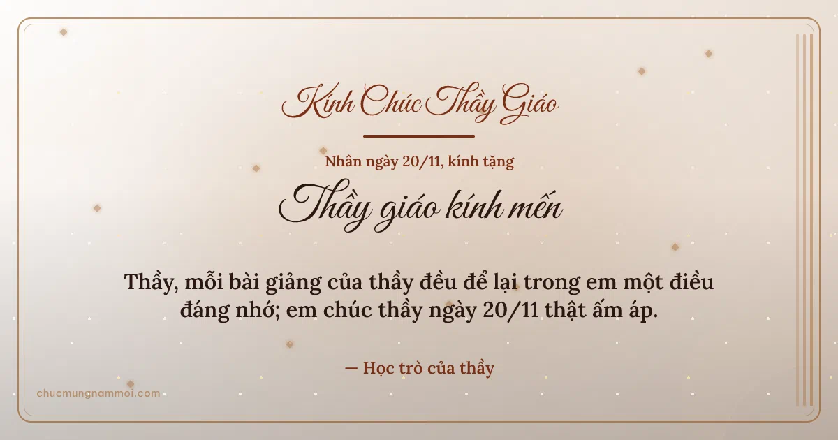 Thiệp ngày 20/11 cho thầy giáo: Kim tuyến và sọc dọc trên nền giấy dó. Thầy, mỗi bài giảng của thầy đều để lại… (Bản ngang)