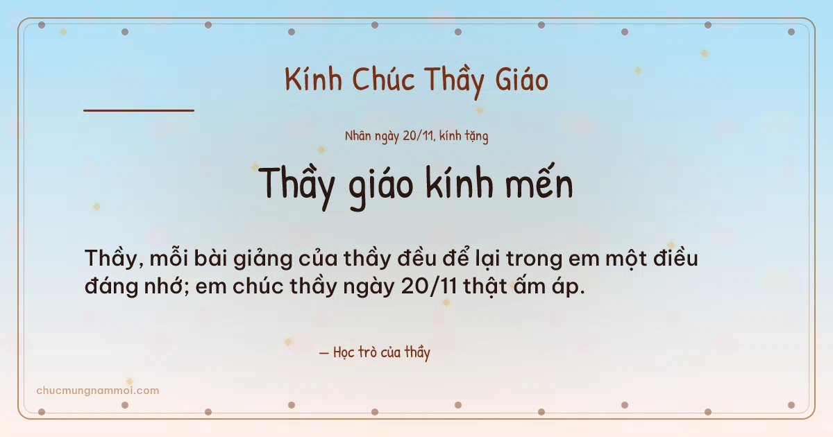 Thiệp ngày 20/11 cho thầy giáo: Kim tuyến vàng trên nền bình minh. Thầy, mỗi bài giảng của thầy đều để lại… (Bản ngang)