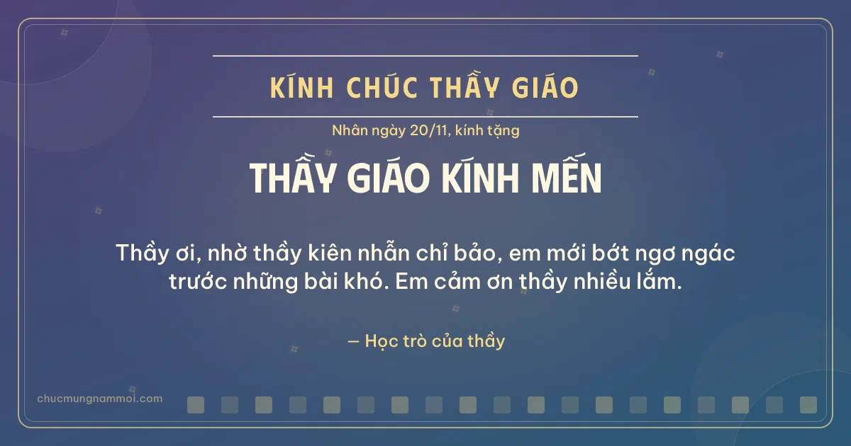 Thiệp cho thầy giáo: Ô vuông nhỏ ngày 20/11 trên nền xanh tím. Thầy ơi, nhờ thầy kiên nhẫn chỉ bảo… (Bản ngang)