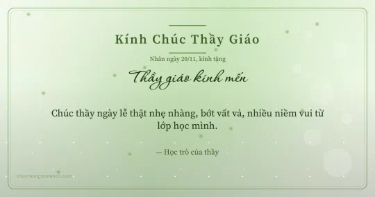 Thiệp cho thầy giáo: Xanh lá nước trang nhã ngày 20/11