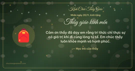 Thiệp ngày 20/11 cho thầy giáo: Cặp sách trên nền xanh rêu đậm