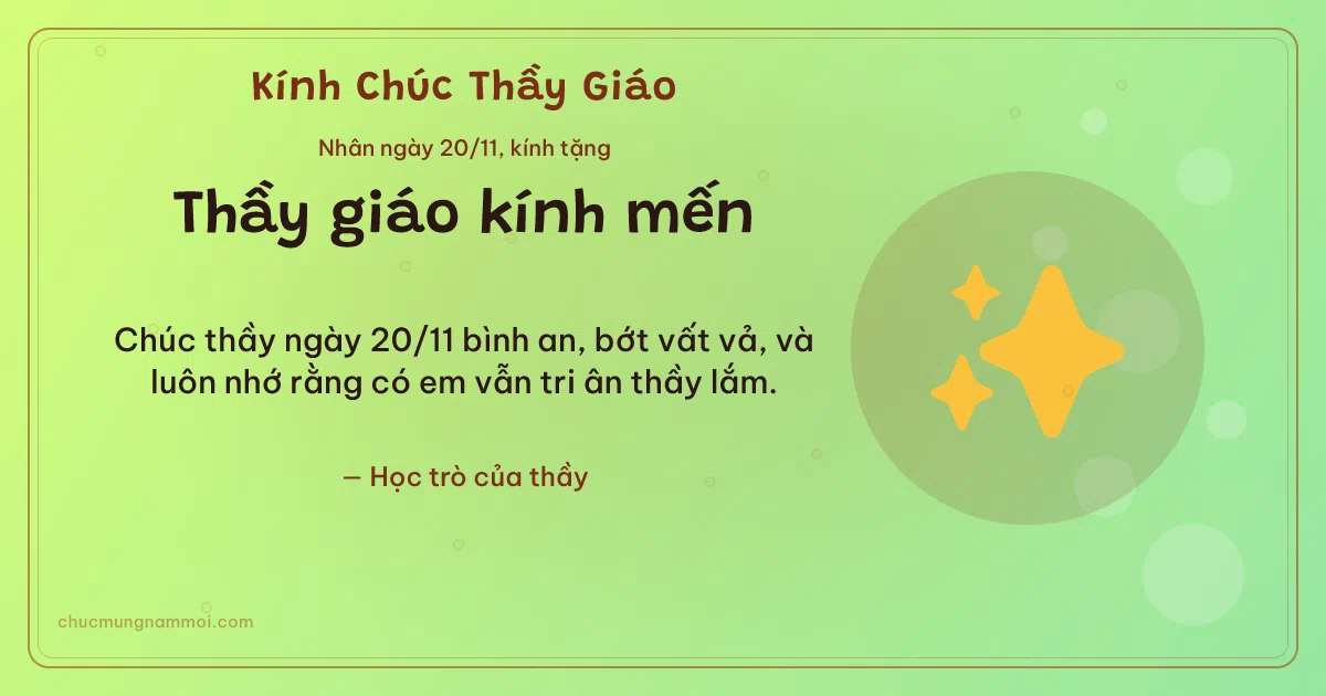 Thiệp ngày 20/11: Ánh lấp lánh tặng thầy giáo. Chúc thầy ngày 20/11 bình an, bớt vất vả, và luôn nhớ… (Bản ngang)