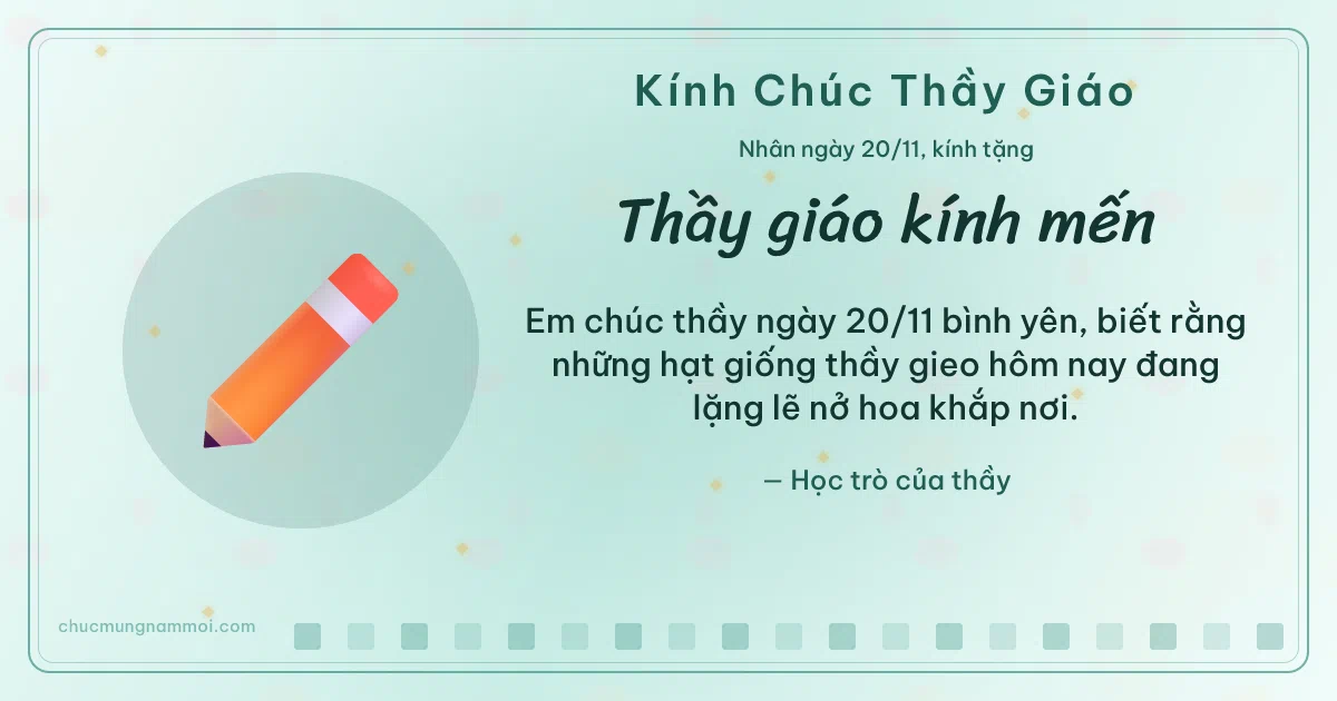 Thiệp ngày 20/11 cho thầy giáo: Bút chì trên nền xanh ngọc nước. Em chúc thầy ngày 20/11 bình yên, biết… (Bản ngang)