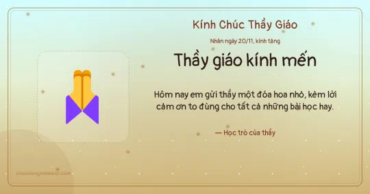 Thiệp ngày 20/11 cho thầy giáo: Đôi tay cảm ơn và kim tuyến