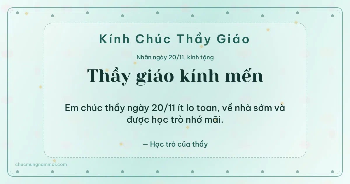 Thiệp cho thầy giáo: Kim tuyến vàng và hạt chấm ngày 20/11. Em chúc thầy ngày 20/11 ít lo toan, về nhà sớm… (Bản ngang)