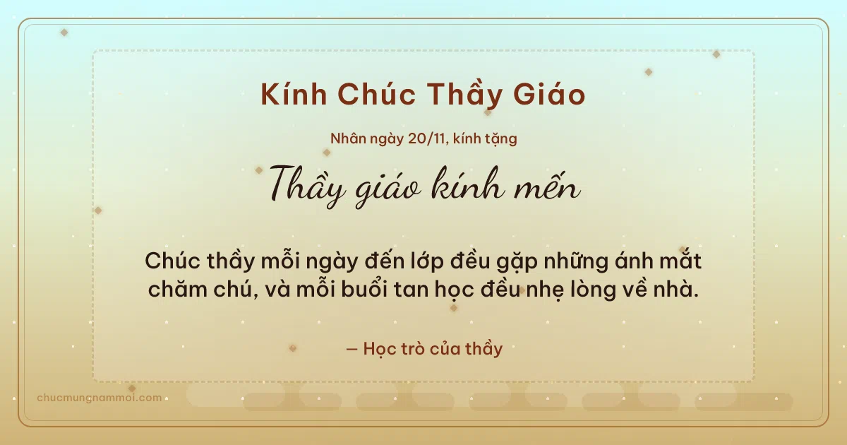 Thiệp ngày 20/11 cho thầy giáo: Mai vàng rạng rỡ, kiểu 26. Chúc thầy mỗi ngày đến lớp đều gặp những ánh mắt chăm chú… (Bản ngang)