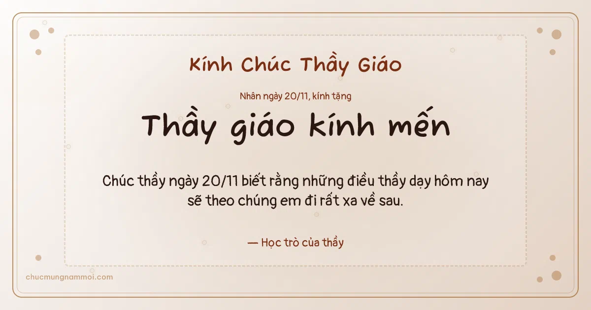 Thiệp ngày 20/11 cho thầy giáo: Giấy dó ấm áp, kiểu 20. Chúc thầy ngày 20/11 biết… (Bản ngang)