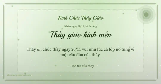 Thiệp ngày 20/11 cho thầy giáo: Nắng mai và kim tuyến trên nền xanh lá nước
