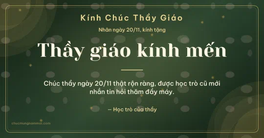 Thiệp ngày 20/11 cho thầy giáo: Kim tuyến vàng mùa tri ân trên nền xanh rêu đậm