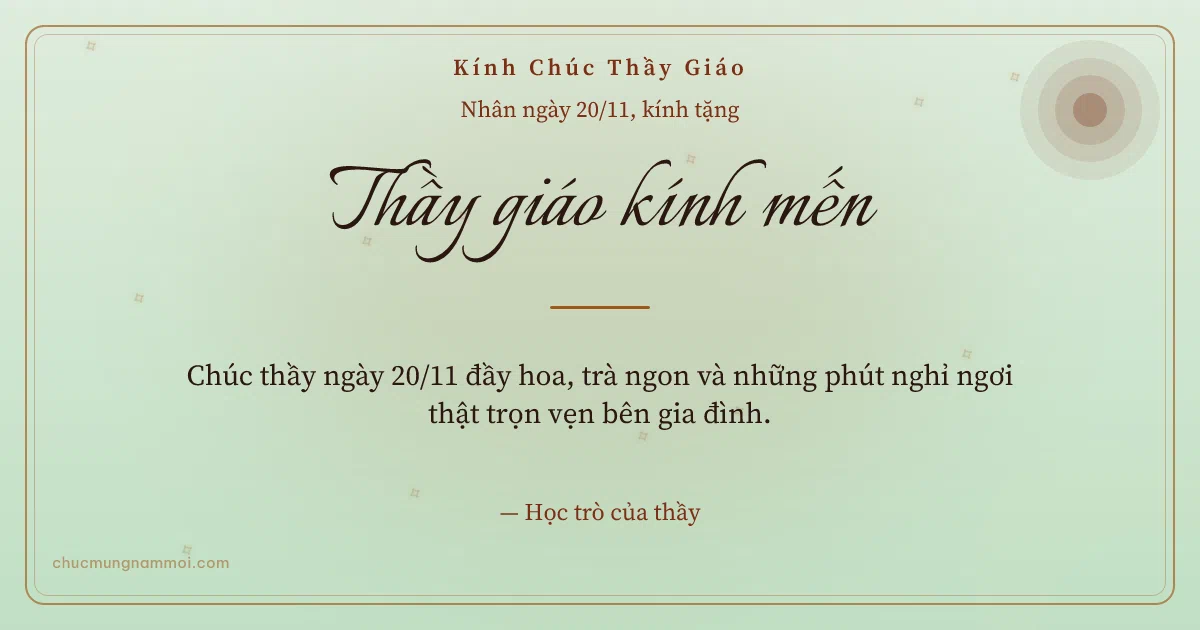 Thiệp ngày 20/11 cho thầy giáo: Sao băng và nắng mai trên nền xanh trà. Chúc thầy ngày 20/11 đầy hoa, trà ngon… (Bản ngang)