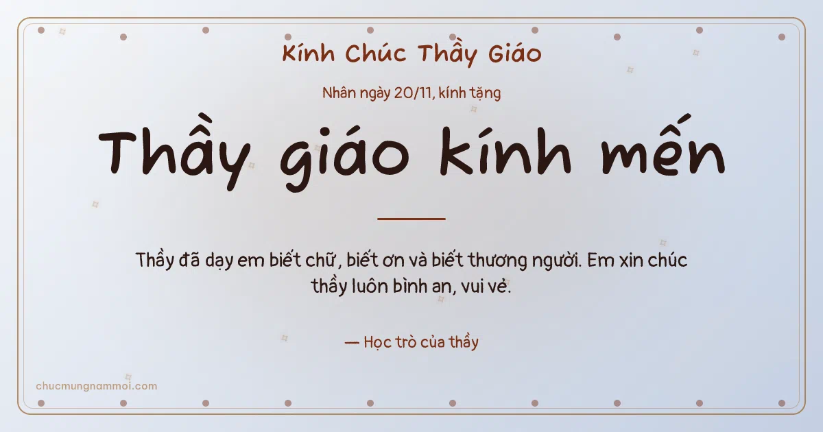 Thiệp ngày 20/11 cho thầy giáo: Sao băng và hạt chấm trên nền sương bạc. Thầy đã dạy em biết chữ, biết ơn và biết thương người… (Bản ngang)