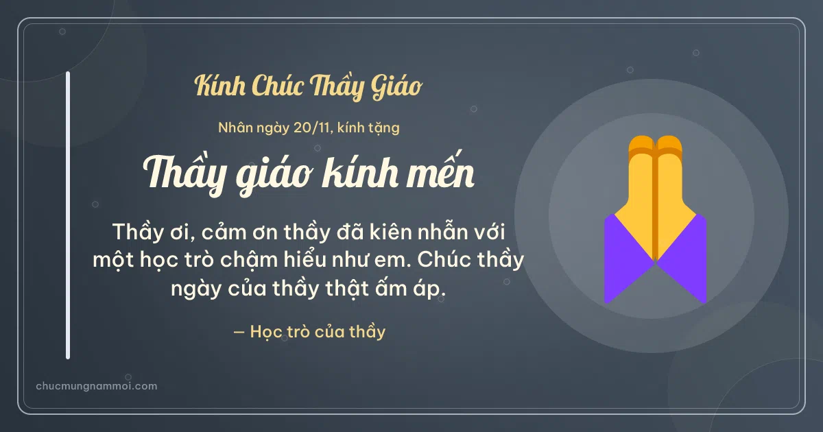 Thiệp cho thầy giáo: Đôi tay cảm ơn ngày 20/11 trên nền xanh đá. Thầy ơi, cảm ơn thầy đã kiên nhẫn với một học trò chậm hiểu… (Bản ngang)